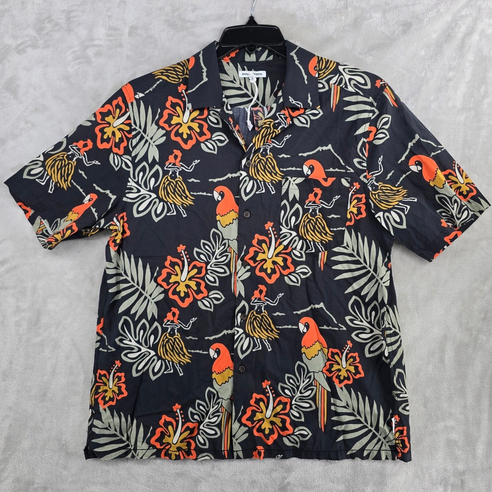 Banks Journal Mens Hawaiian Shirt Medium Parrot Hula Dancer‎ Floral Camp Casual